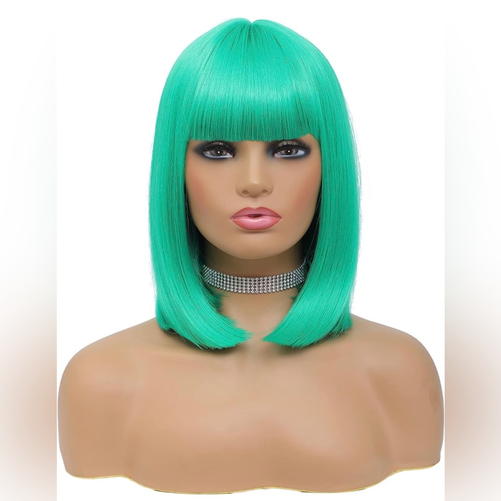 14” Green Straight Bob with Bangs Heat Resistant Synthetic Wig Cosplay Anime NEW